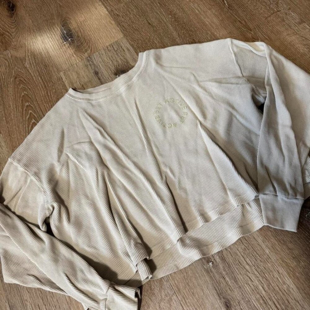 Set Active Cream Women's Waffle Thermal‎ Long Sleeve Shirt Cropped Size XS